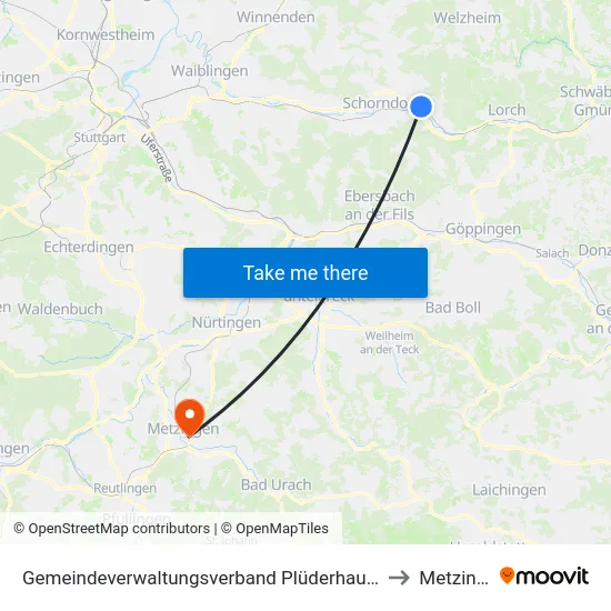 Gemeindeverwaltungsverband Plüderhausen-Urbach to Metzingen map