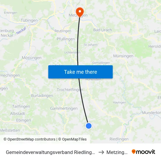 Gemeindeverwaltungsverband Riedlingen to Metzingen map