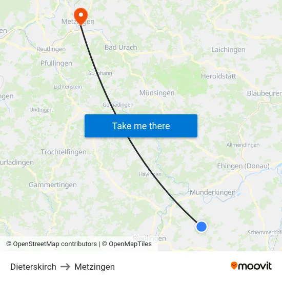 Dieterskirch to Metzingen map