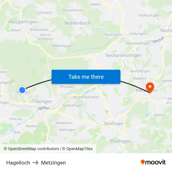 Hagelloch to Metzingen map