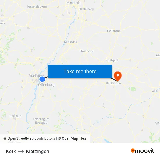 Kork to Metzingen map