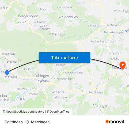 Poltringen to Metzingen map