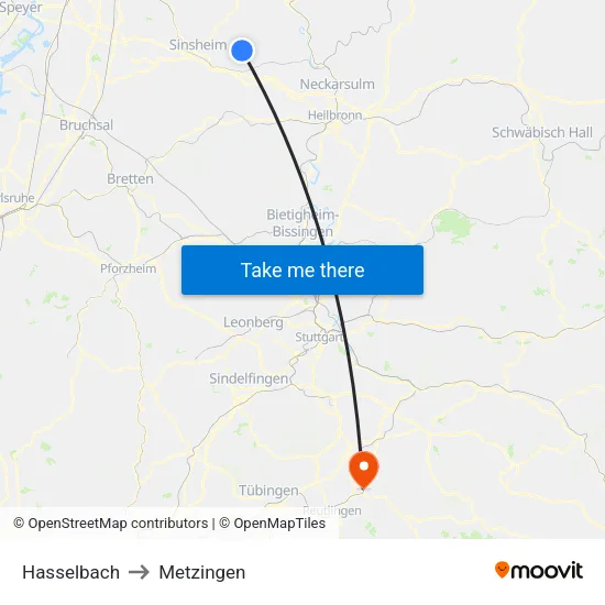 Hasselbach to Metzingen map