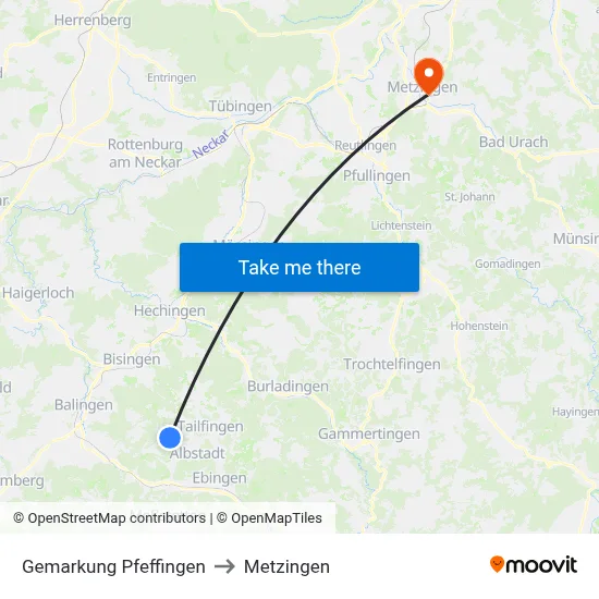 Gemarkung Pfeffingen to Metzingen map