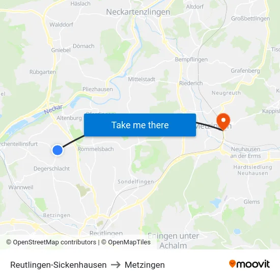 Reutlingen-Sickenhausen to Metzingen map