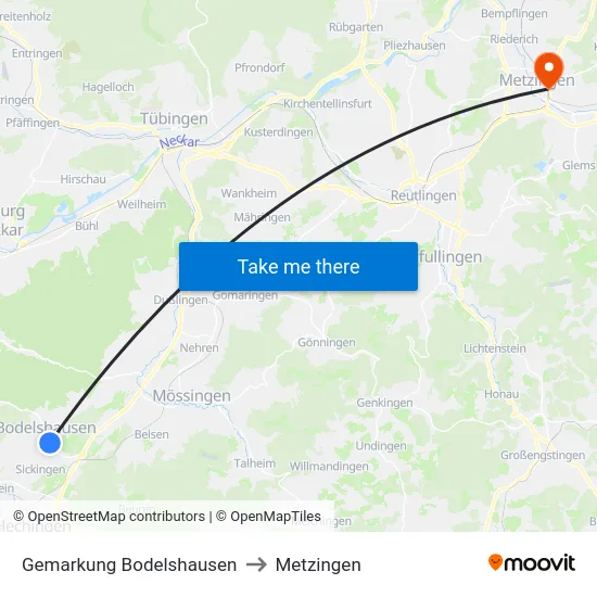 Gemarkung Bodelshausen to Metzingen map