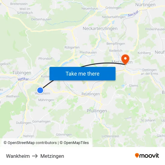 Wankheim to Metzingen map