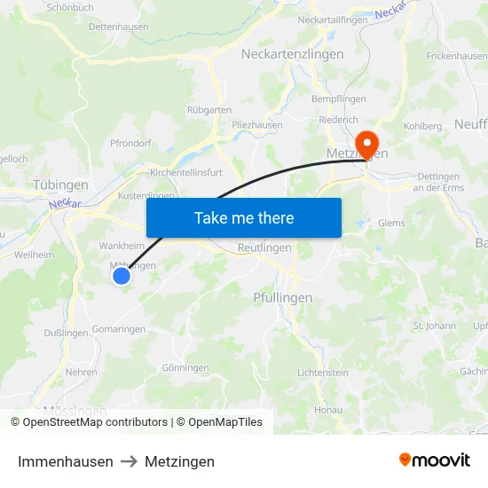 Immenhausen to Metzingen map