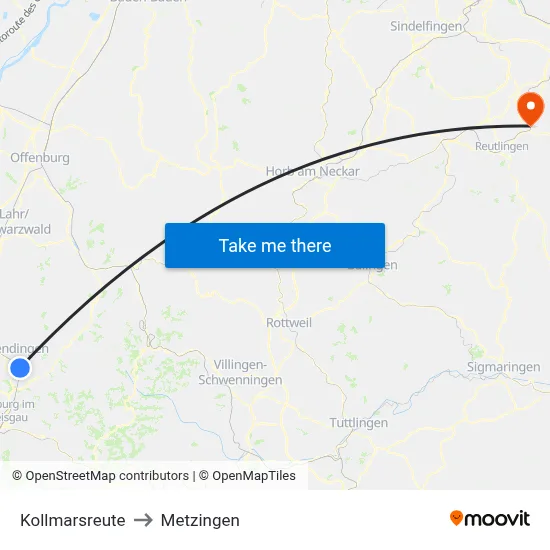 Kollmarsreute to Metzingen map
