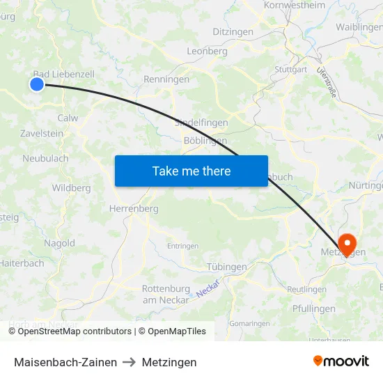 Maisenbach-Zainen to Metzingen map