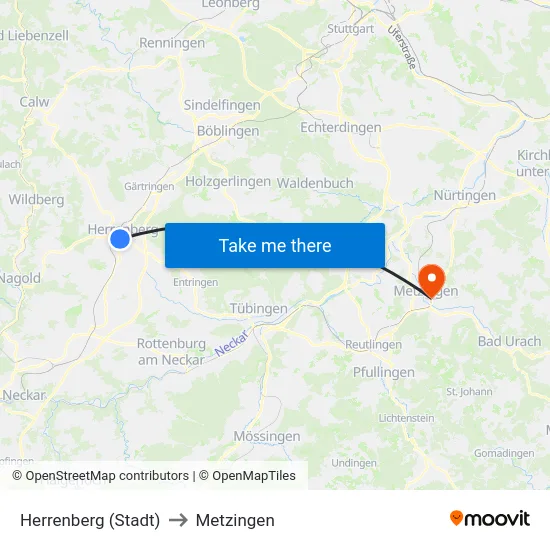 Herrenberg (Stadt) to Metzingen map