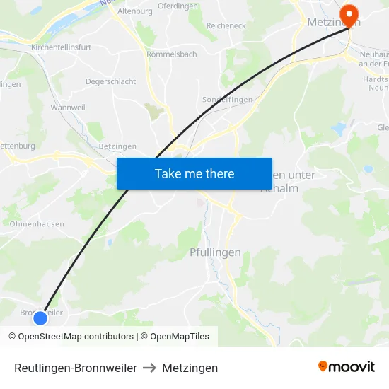 Reutlingen-Bronnweiler to Metzingen map