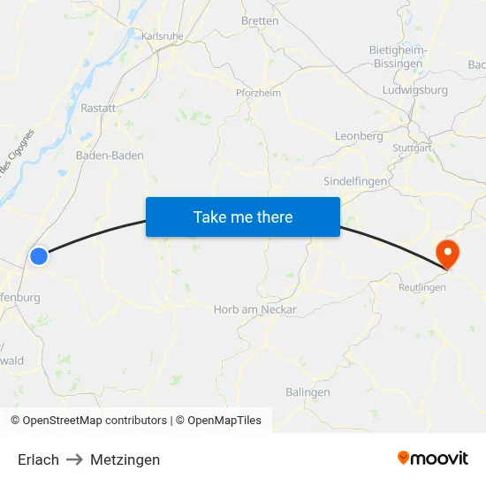 Erlach to Metzingen map