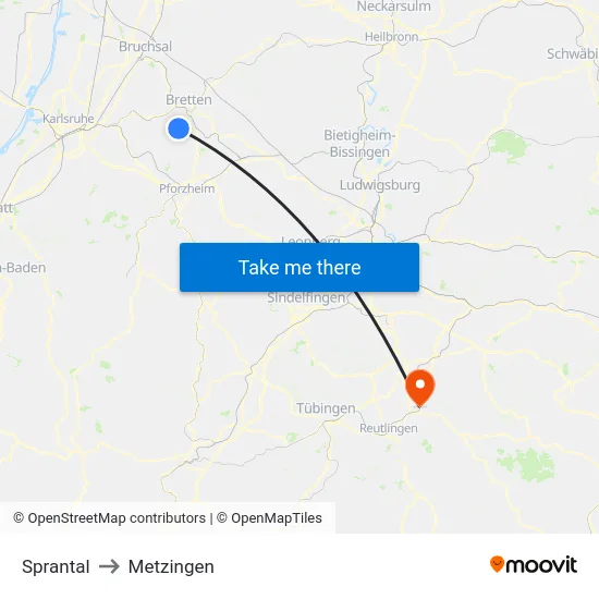 Sprantal to Metzingen map
