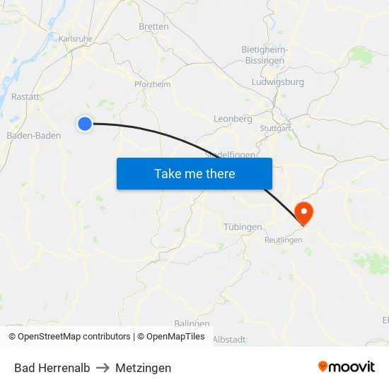 Bad Herrenalb to Metzingen map