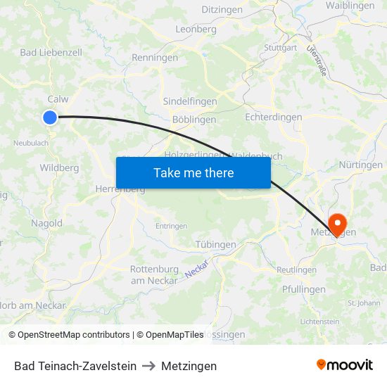 Bad Teinach-Zavelstein to Metzingen map