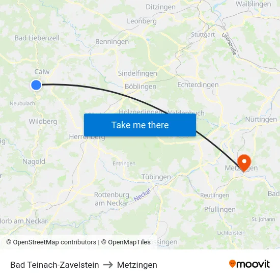 Bad Teinach-Zavelstein to Metzingen map