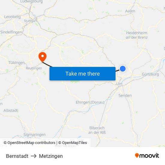 Bernstadt to Metzingen map