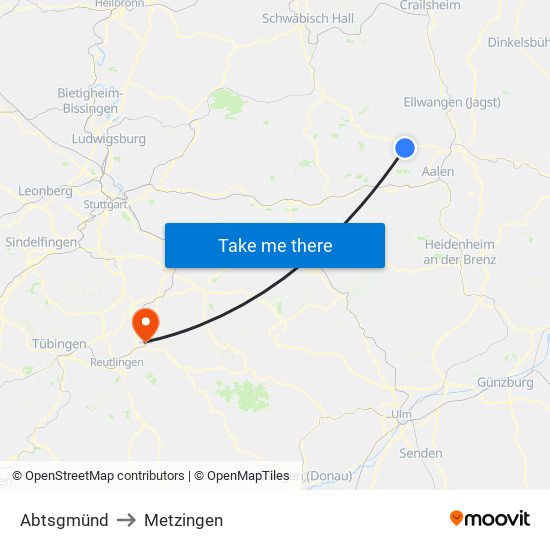 Abtsgmünd to Metzingen map