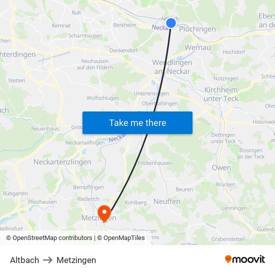 Altbach to Metzingen map
