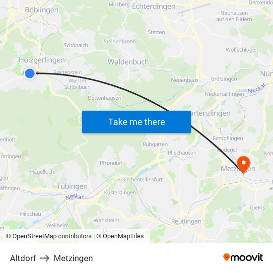 Altdorf to Metzingen map