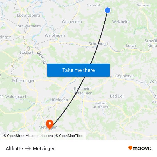 Althütte to Metzingen map