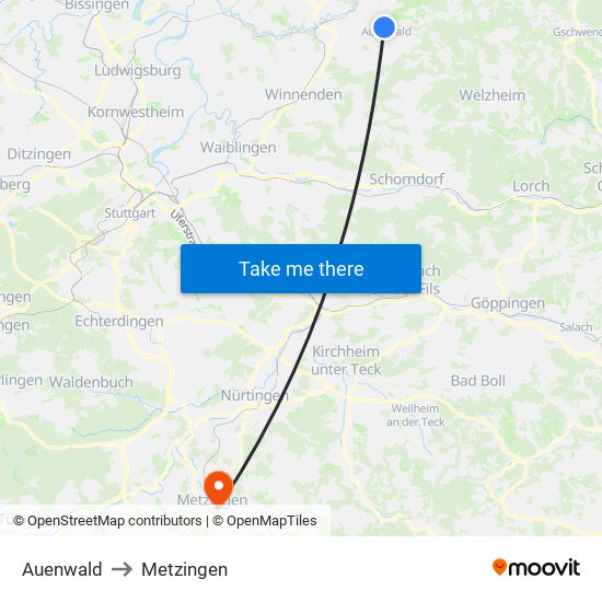 Auenwald to Metzingen map