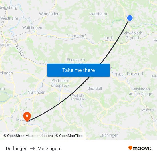 Durlangen to Metzingen map