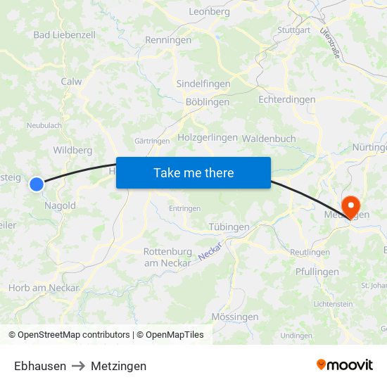 Ebhausen to Metzingen map