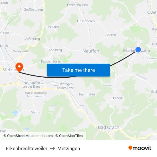 Erkenbrechtsweiler to Metzingen map