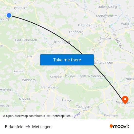 Birkenfeld to Metzingen map