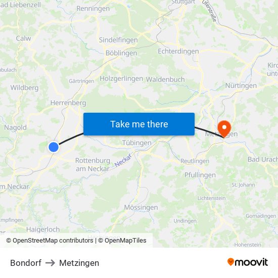 Bondorf to Metzingen map
