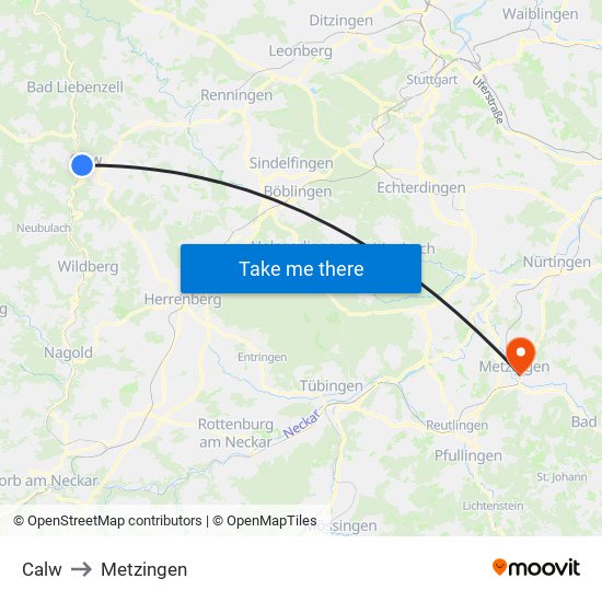 Calw to Metzingen map