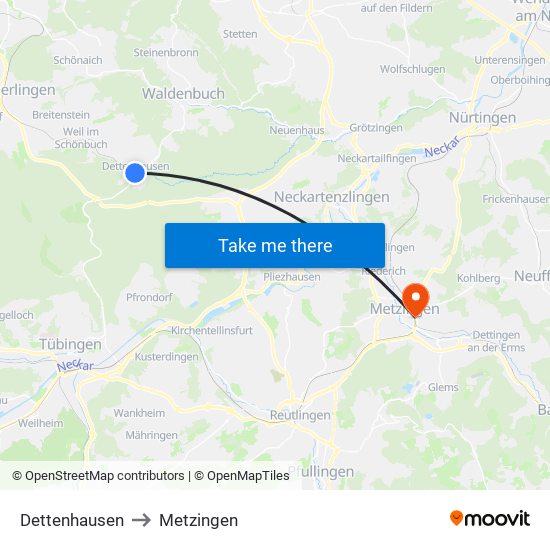 Dettenhausen to Metzingen map