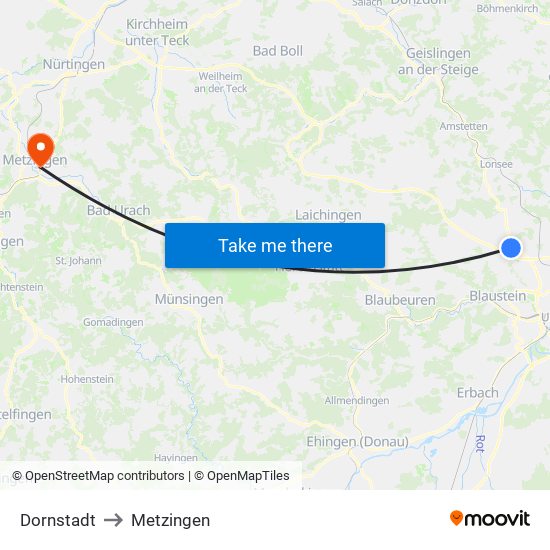 Dornstadt to Metzingen map