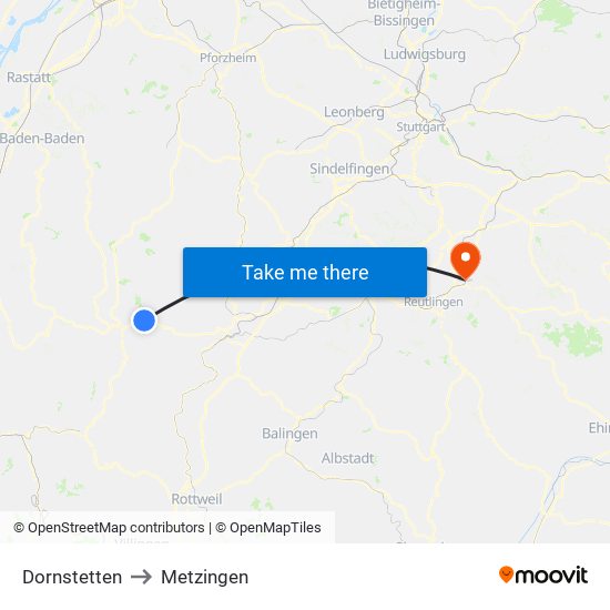 Dornstetten to Metzingen map