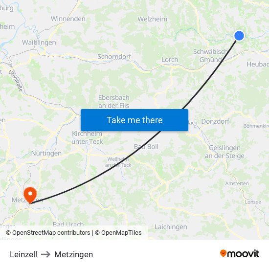 Leinzell to Metzingen map