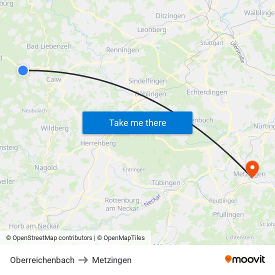Oberreichenbach to Metzingen map