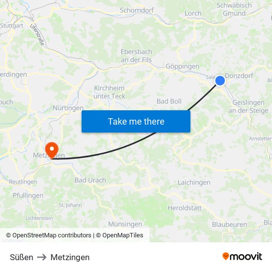 Süßen to Metzingen map