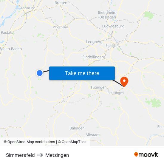Simmersfeld to Metzingen map