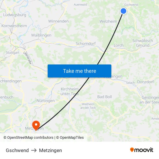 Gschwend to Metzingen map