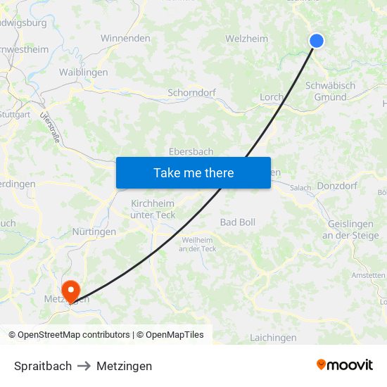 Spraitbach to Metzingen map