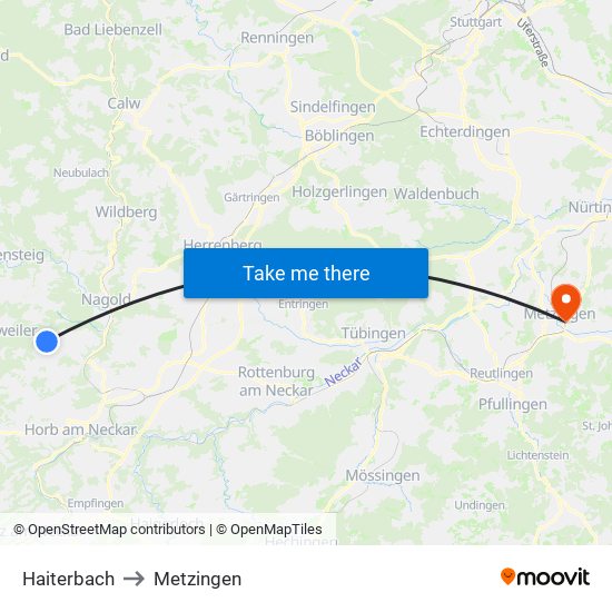 Haiterbach to Metzingen map