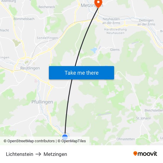 Lichtenstein to Metzingen map