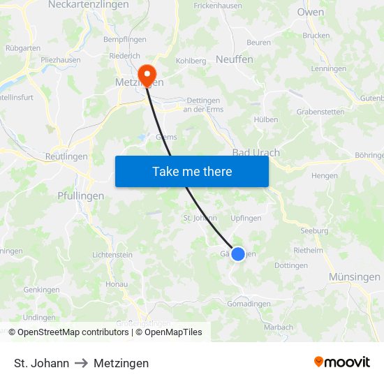 St. Johann to Metzingen map