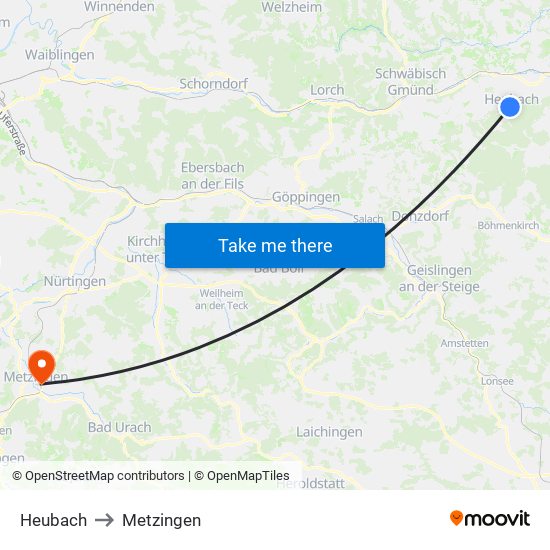 Heubach to Metzingen map