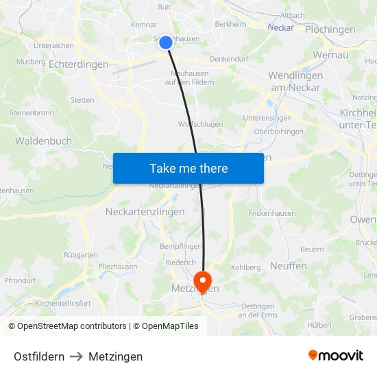 Ostfildern to Metzingen map