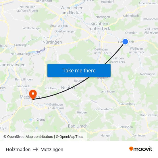 Holzmaden to Metzingen map