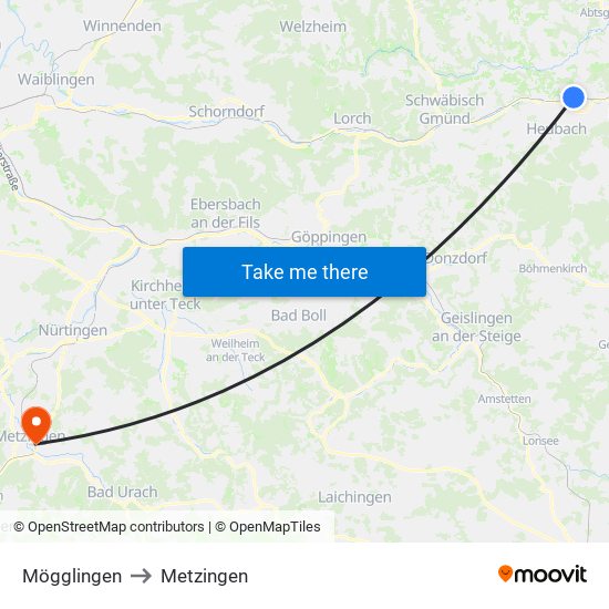 Mögglingen to Metzingen map