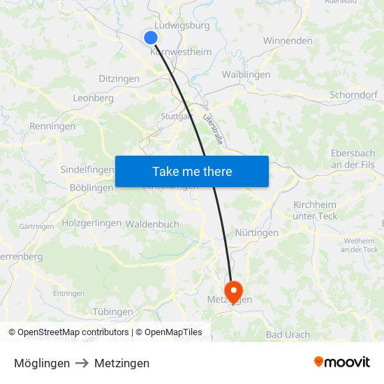 Möglingen to Metzingen map